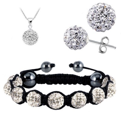 Shamballa biely set náramok, náušnice a retiazka