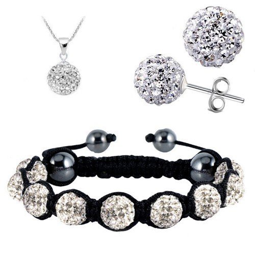 Shamballa biely set náramok, náušnice a retiazka