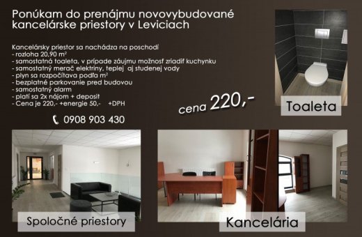 Do prenájmu novo vybudované kancelárske priestory.