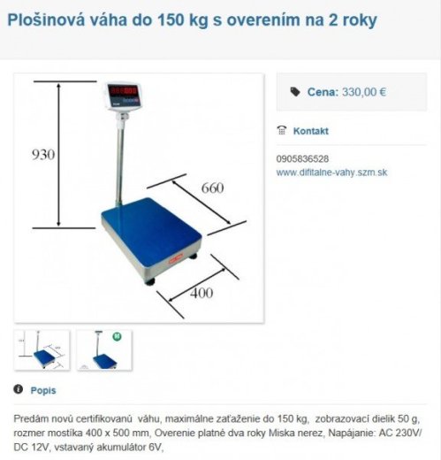 Plošinová váha do 150 kg s ciachovaním na 2 roky