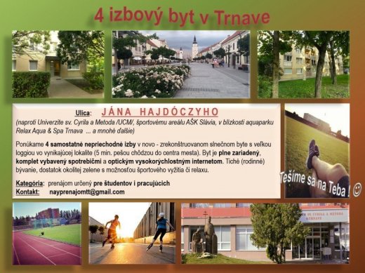 Prenájom - slnečný 3izbový byt -Trnava -Hajdóczy