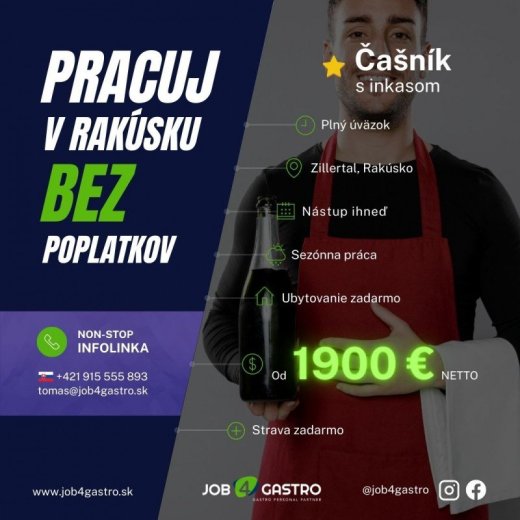 2x Čašník s inkasom na polpenziu (raňajky+večere)