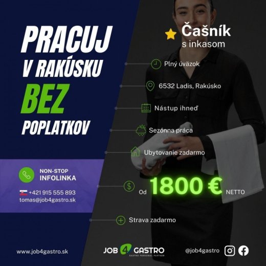 ZIMNÁ SEZÓNA: 3x Čašník s inkasom