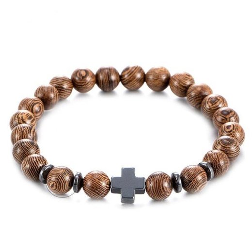 Buddha náramok z drevených korálok a krížikom