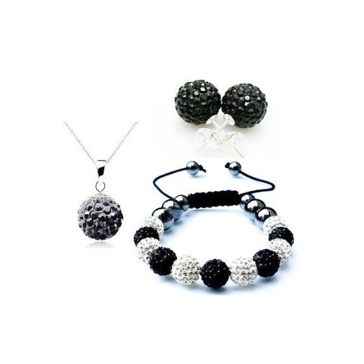 Shamballa čierno-biely set náramok, náušnice a retiazka